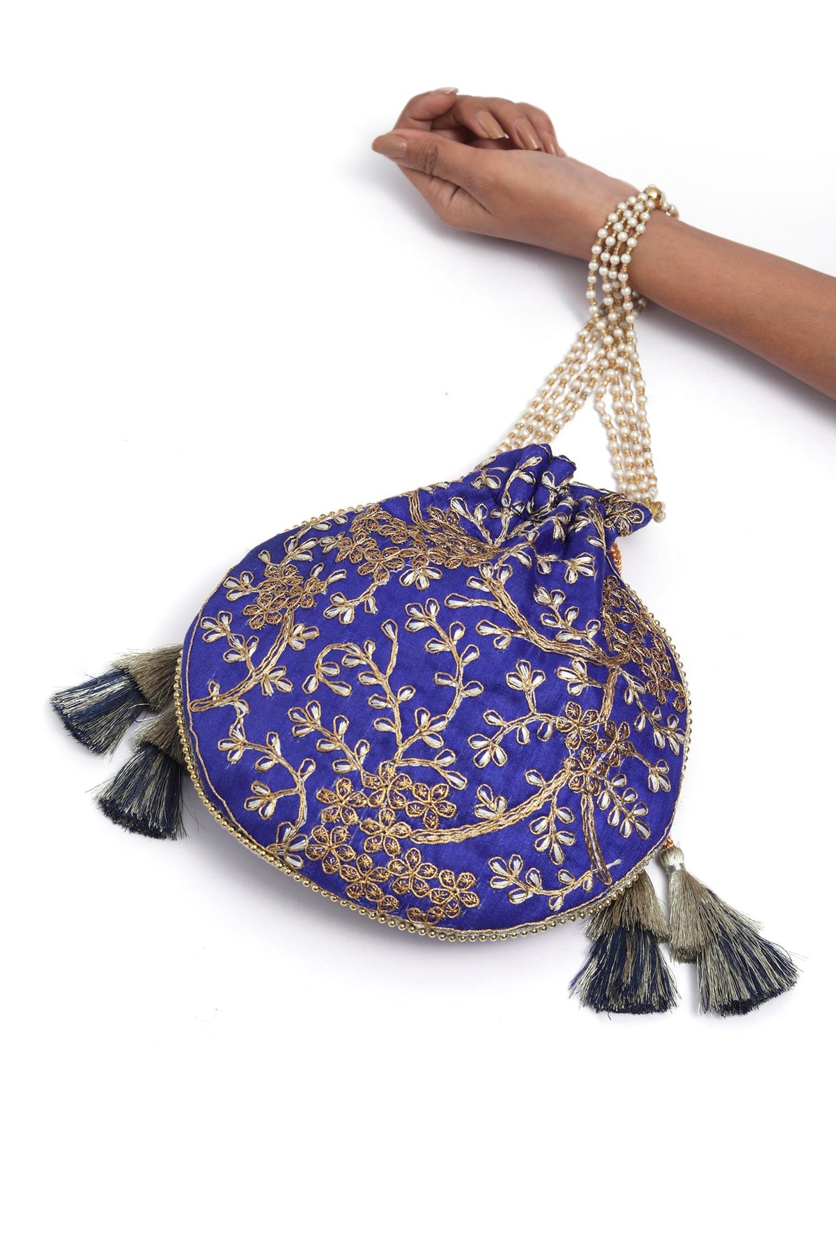 Sapphire Blue Embroidered Silk Potli