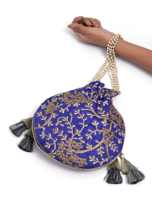 Sapphire Blue Embroidered Silk Potli