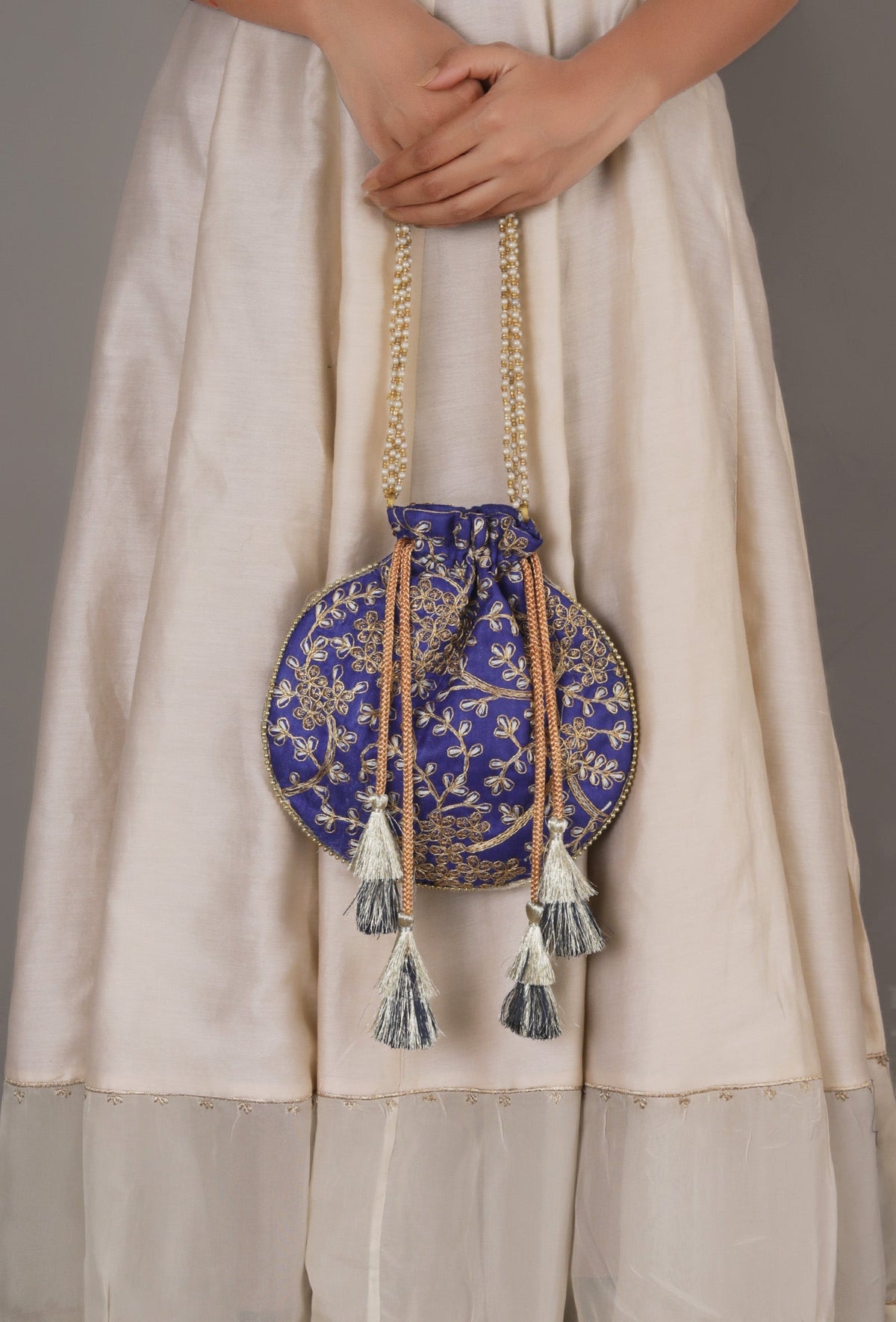 Sapphire Blue Embroidered Silk Potli