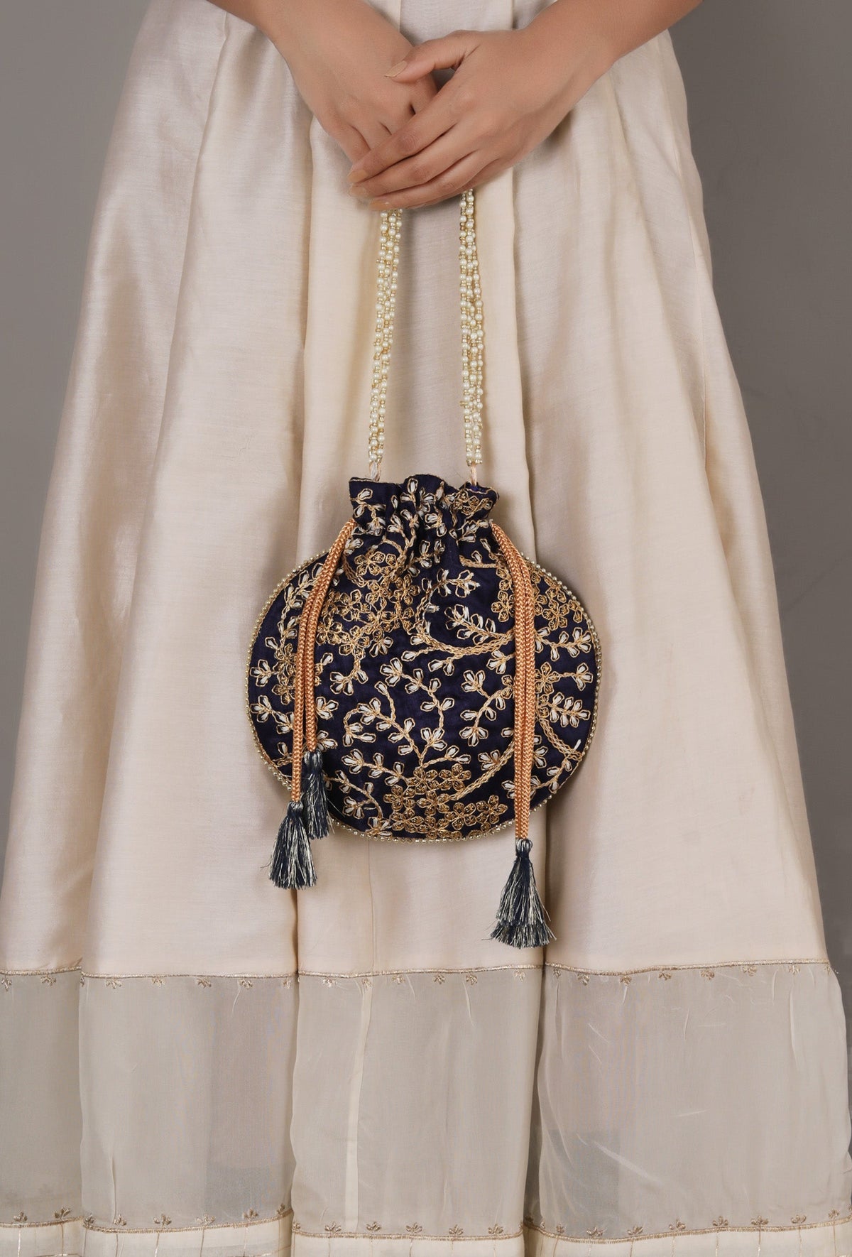 Navy Blue Embroidered Silk Potli