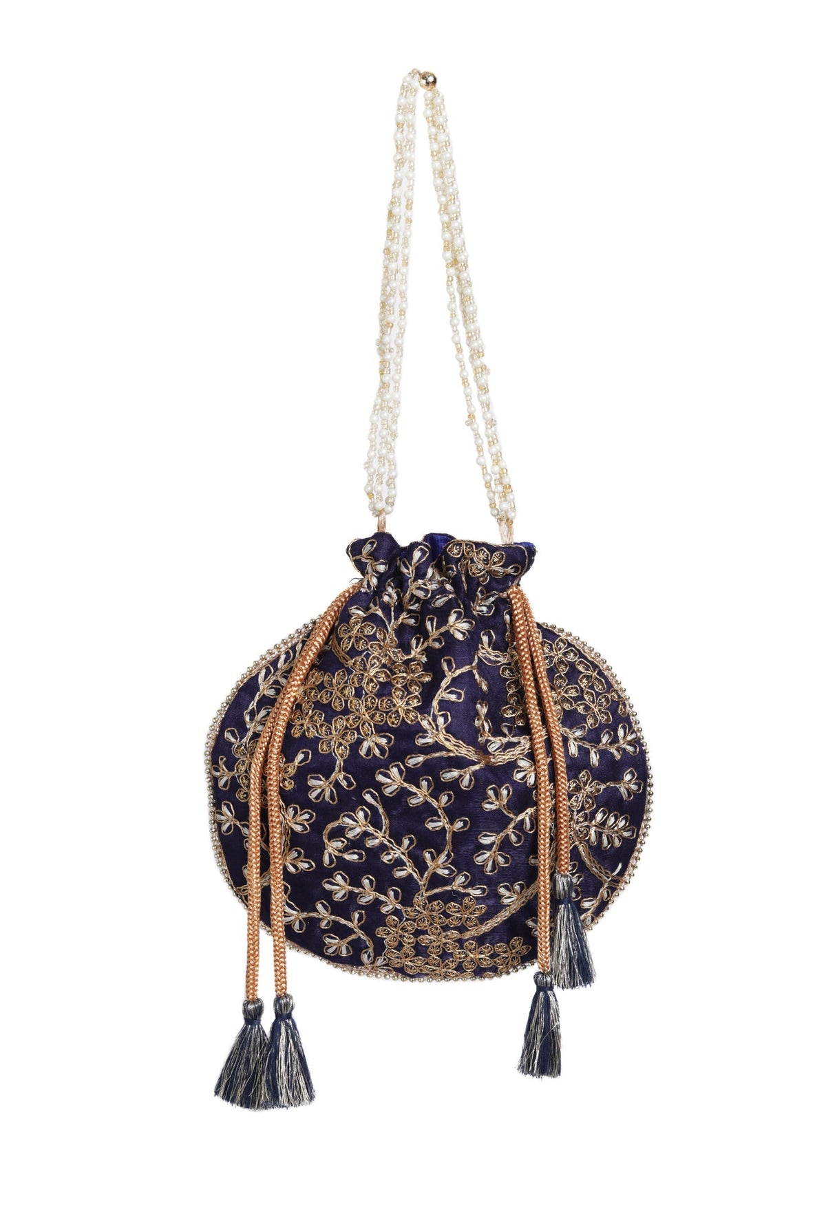Navy Blue Embroidered Silk Potli