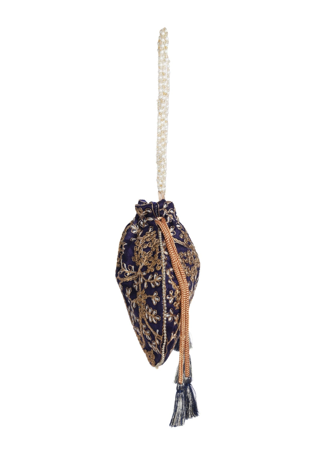 Navy Blue Embroidered Silk Potli