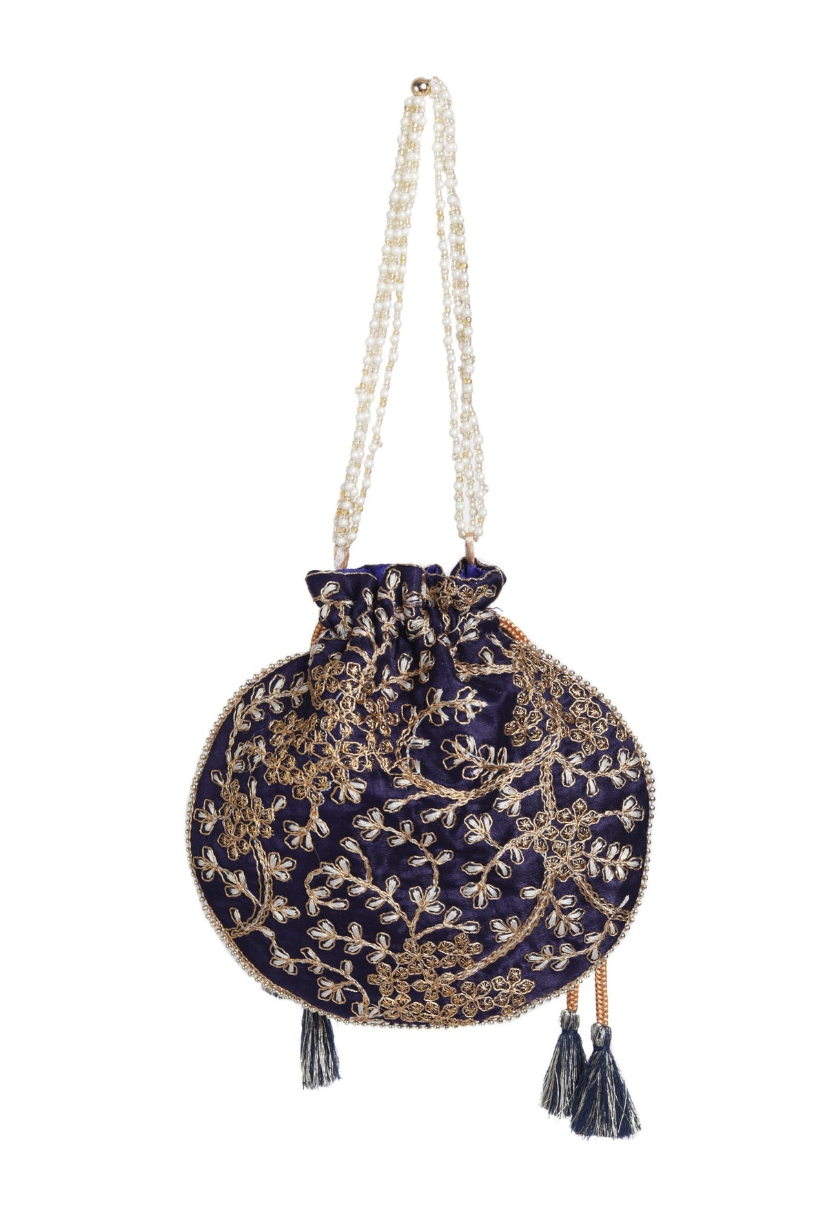 Navy Blue Embroidered Silk Potli