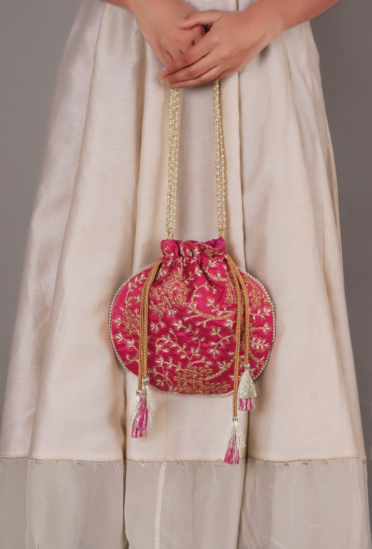 Fuchsia Pink Embroidered Silk Potli