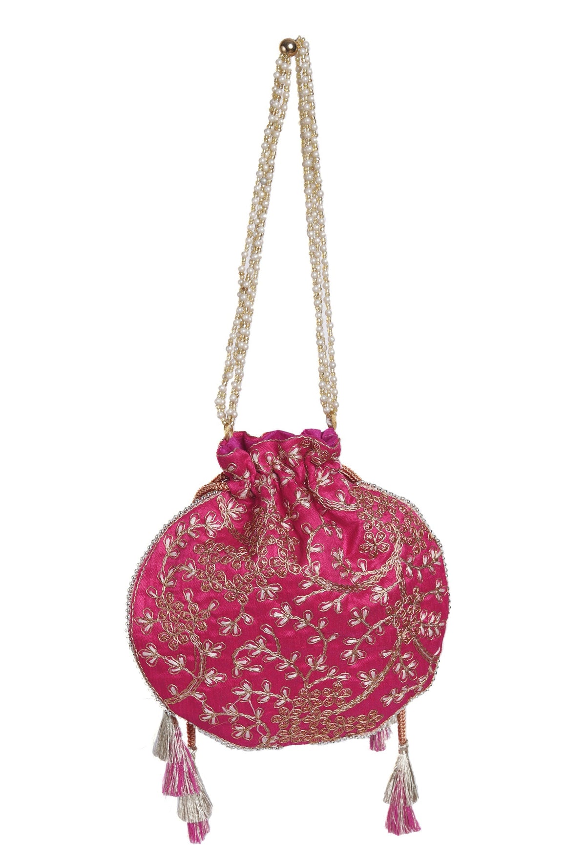 Fuchsia Pink Embroidered Silk Potli