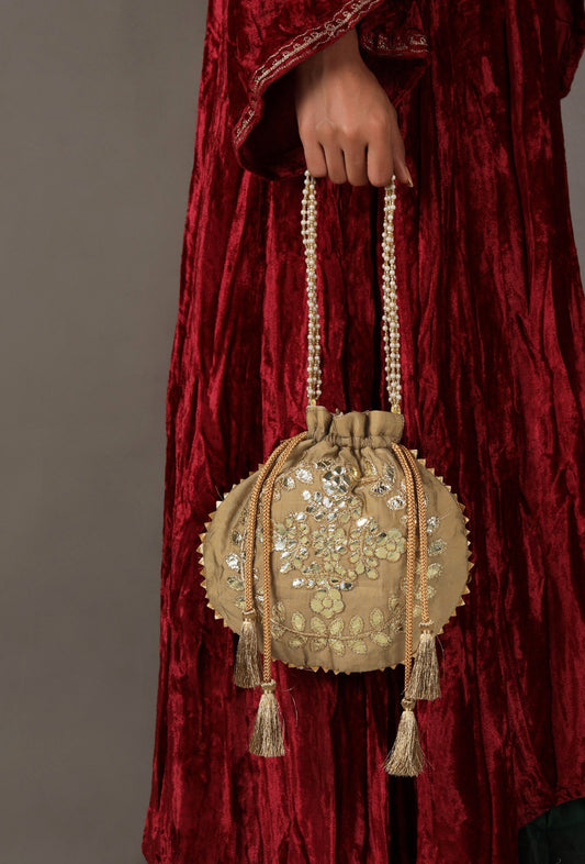Golden Beige Gota Patti Silk Potli