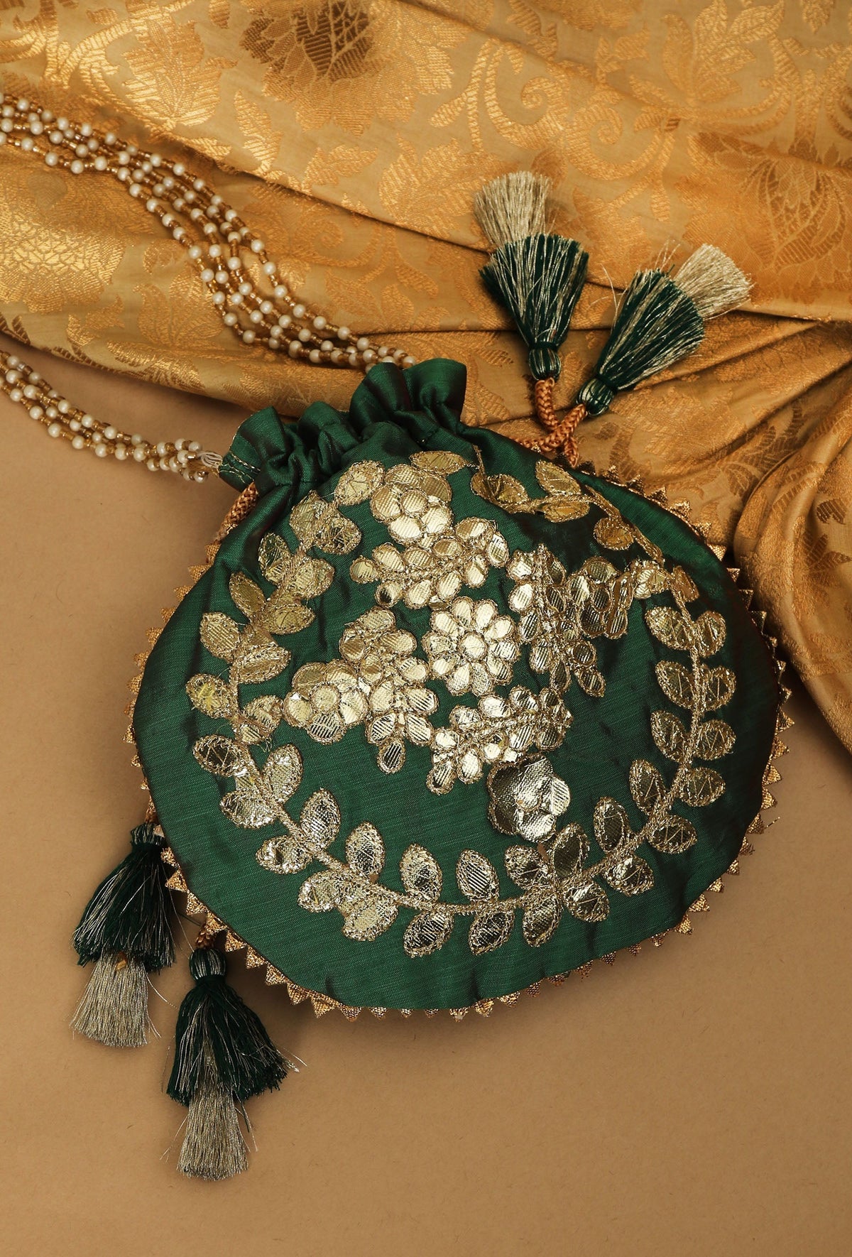 Midnight Green Gota Patti Silk Potli