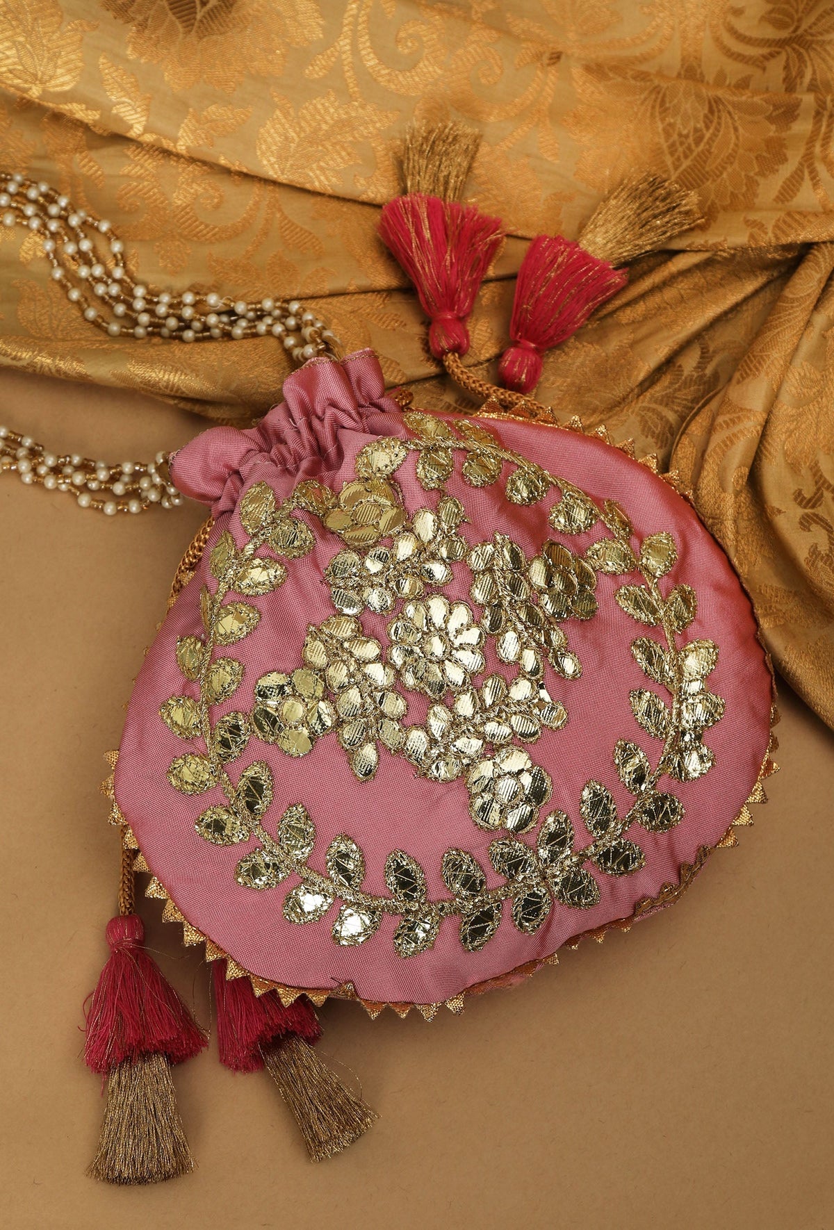 Rosy Pink Gota Patti Silk Potli