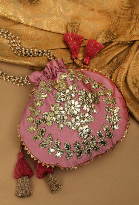Rosy Pink Gota Patti Silk Potli