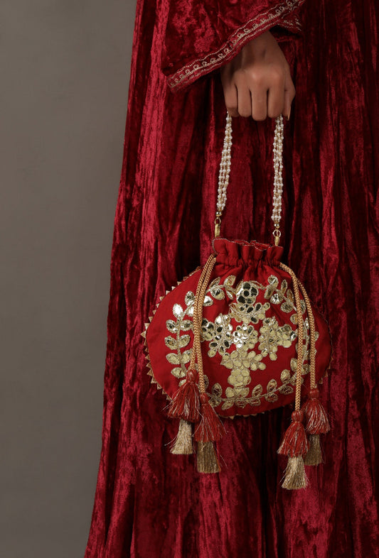 Radiant Red Gota Patti Silk Potli