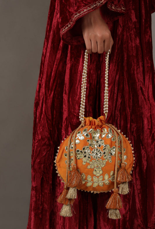 Zesty Orange Gota Patti Silk Potli