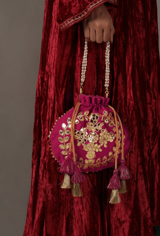 Passionate Pink Gota Patti Silk Potli