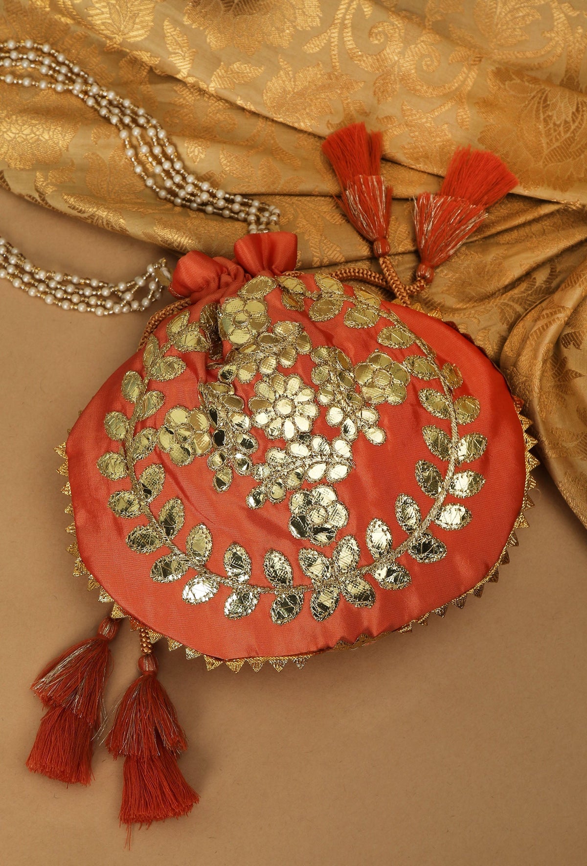 Sunkissed Peach Gota Patti Silk Potli