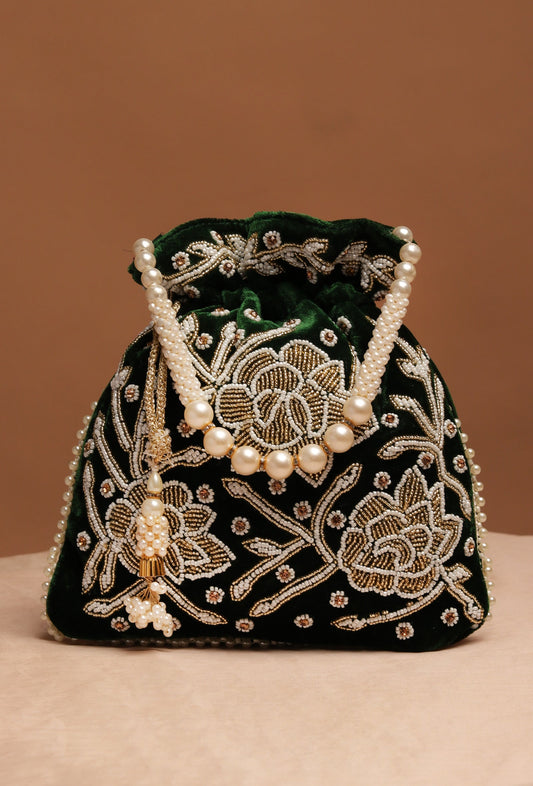 Elegant Emerald Bag With White Mogra Pearl