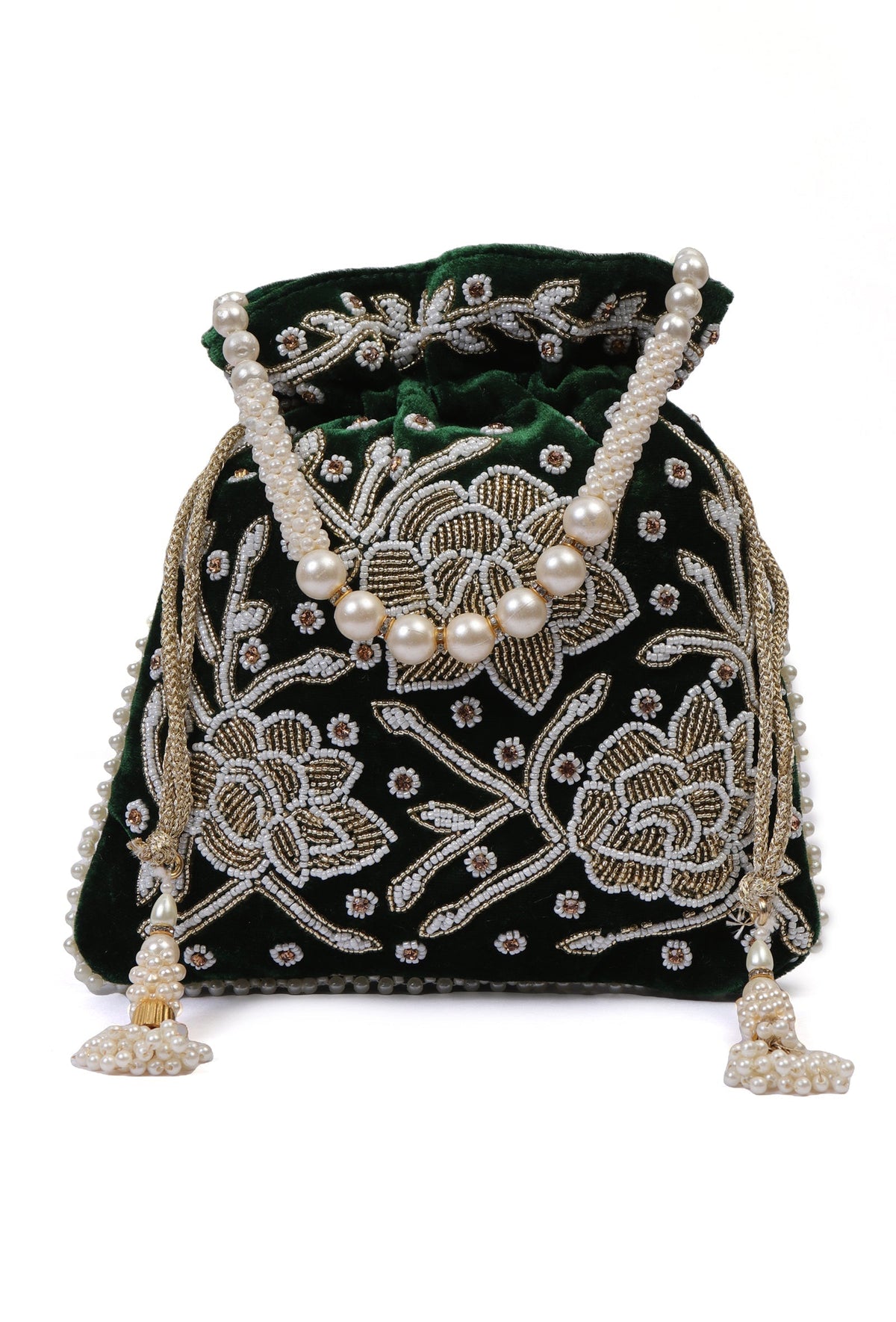 Elegant Emerald Bag With White Mogra Pearl