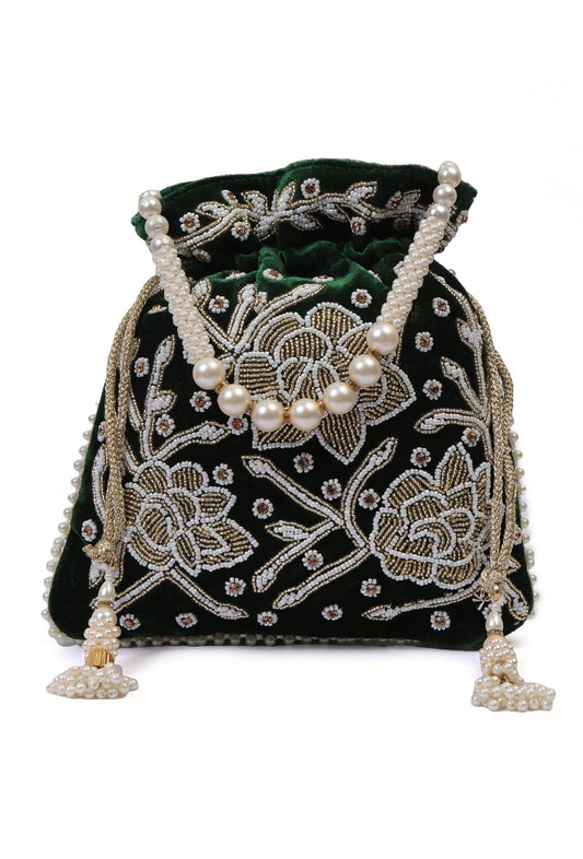 Elegant Emerald Bag With White Mogra Pearl