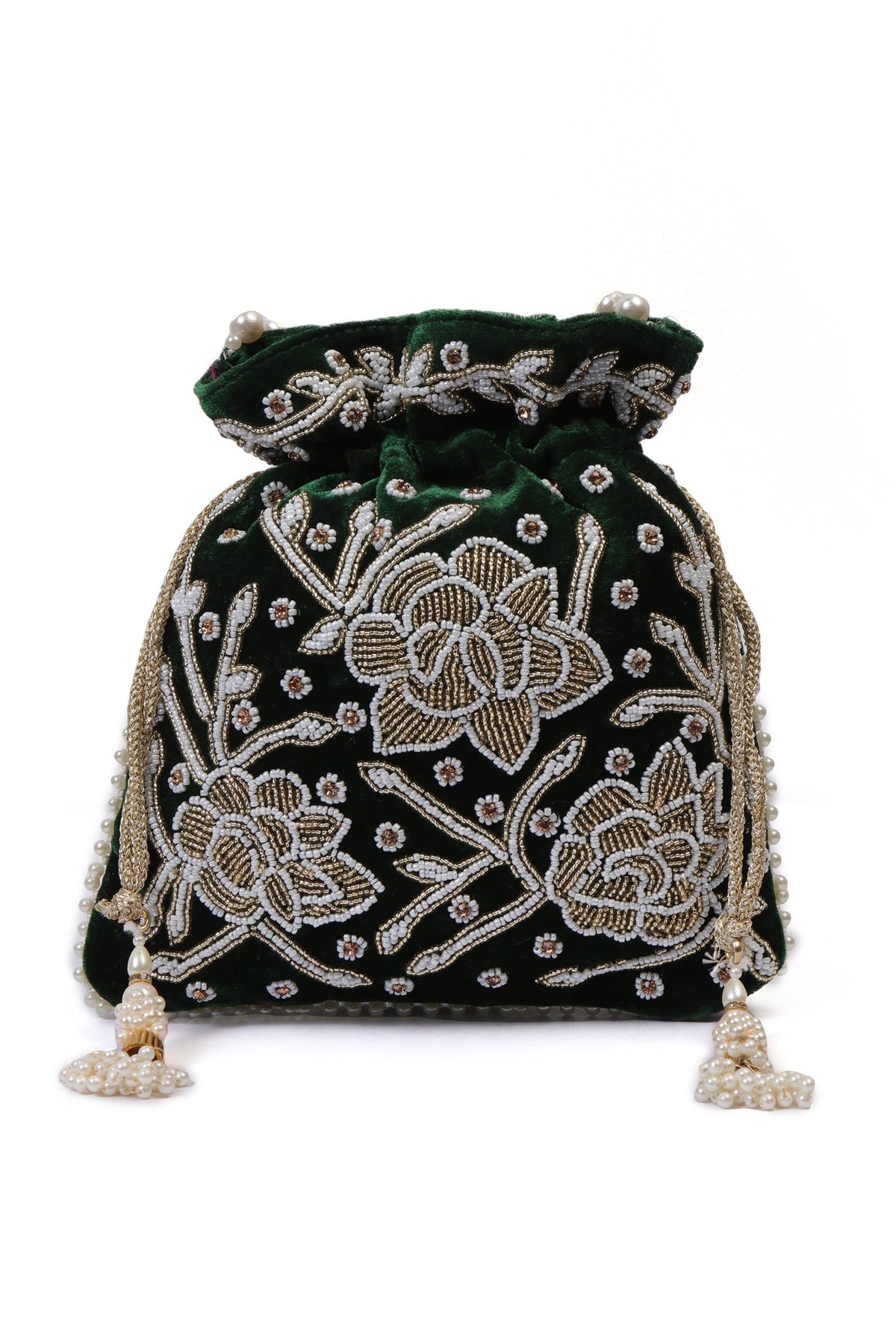 Elegant Emerald Bag With White Mogra Pearl