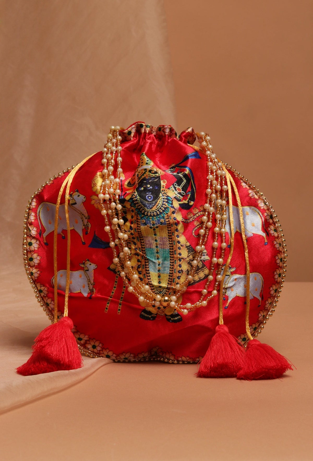 Luminous Red Shreenath Potli with Golden Glass Work