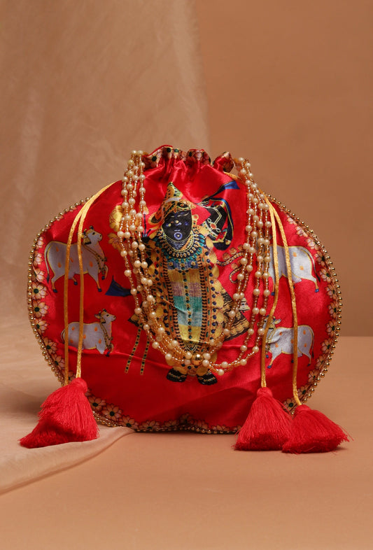 Luminous Red Shreenath Potli with Golden Glass Work