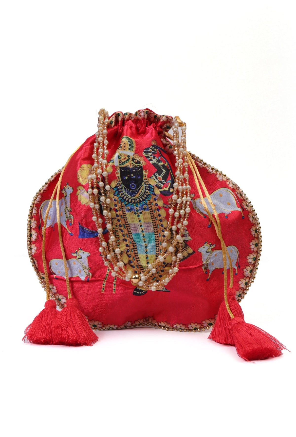 Luminous Red Shreenath Potli with Golden Glass Work