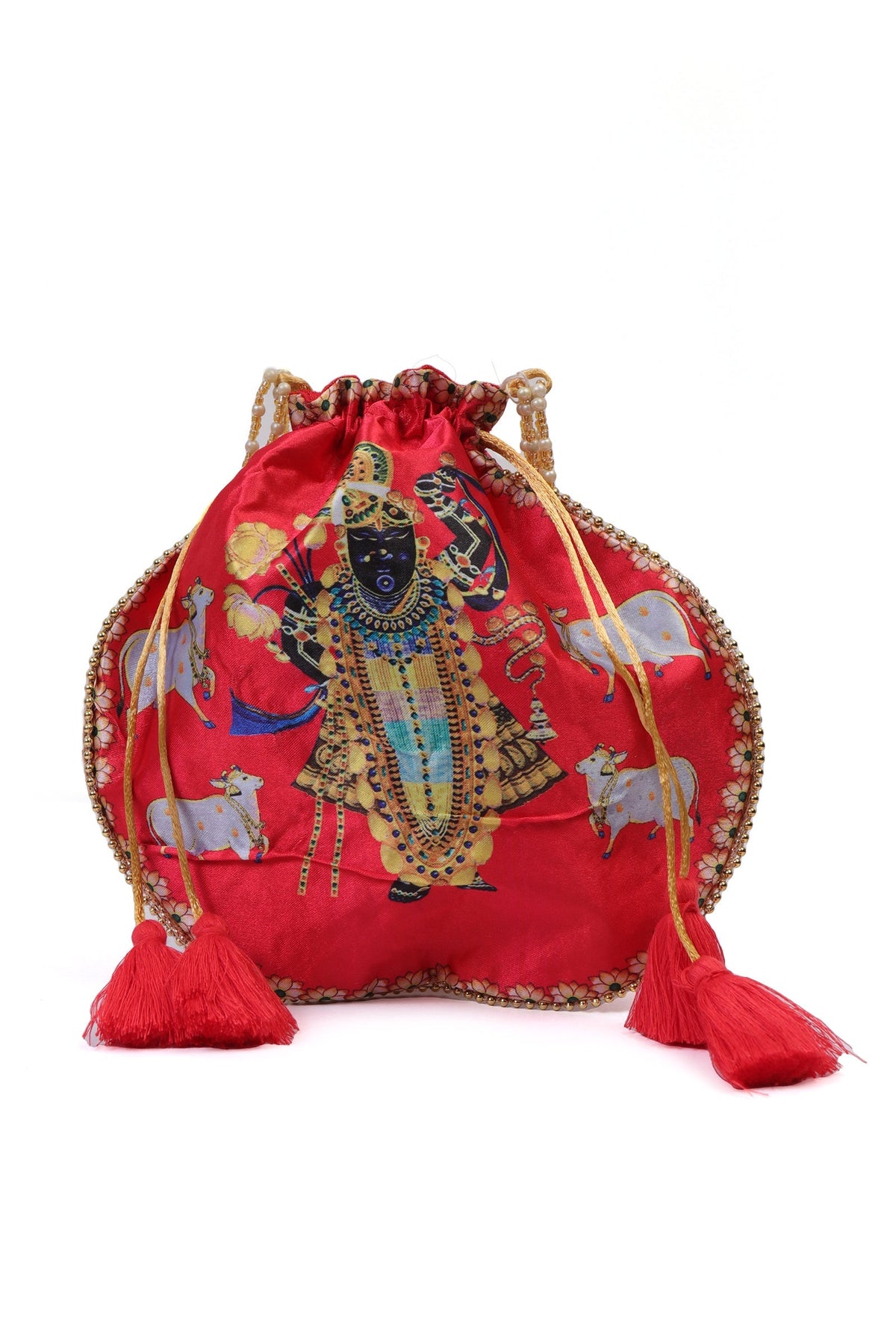 Luminous Red Shreenath Potli with Golden Glass Work