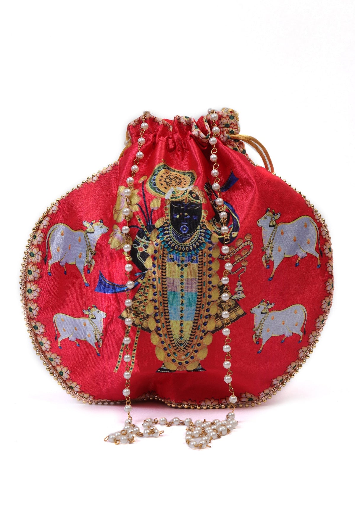 Luminous Red Shreenath Potli with Golden Glass Work