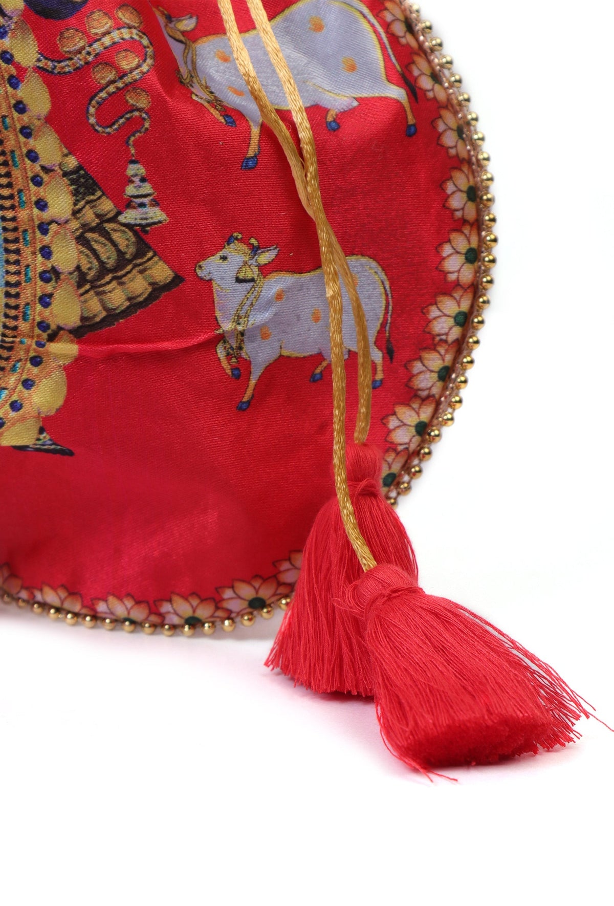 Luminous Red Shreenath Potli with Golden Glass Work
