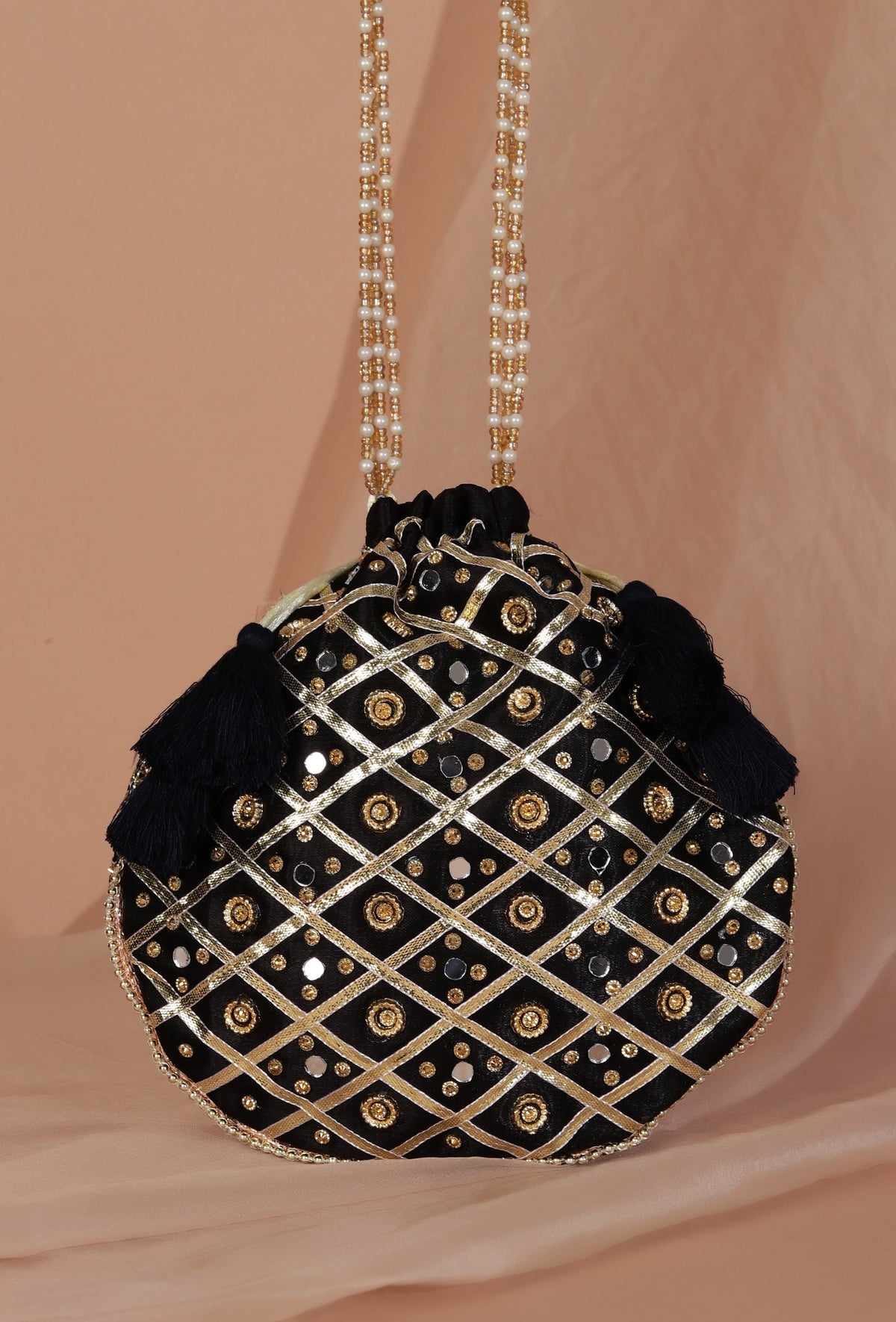 Midnight Elegance Potli with Glass Mirror Work
