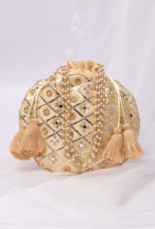 Glimmering Golden Potli with Glass Mirror Work