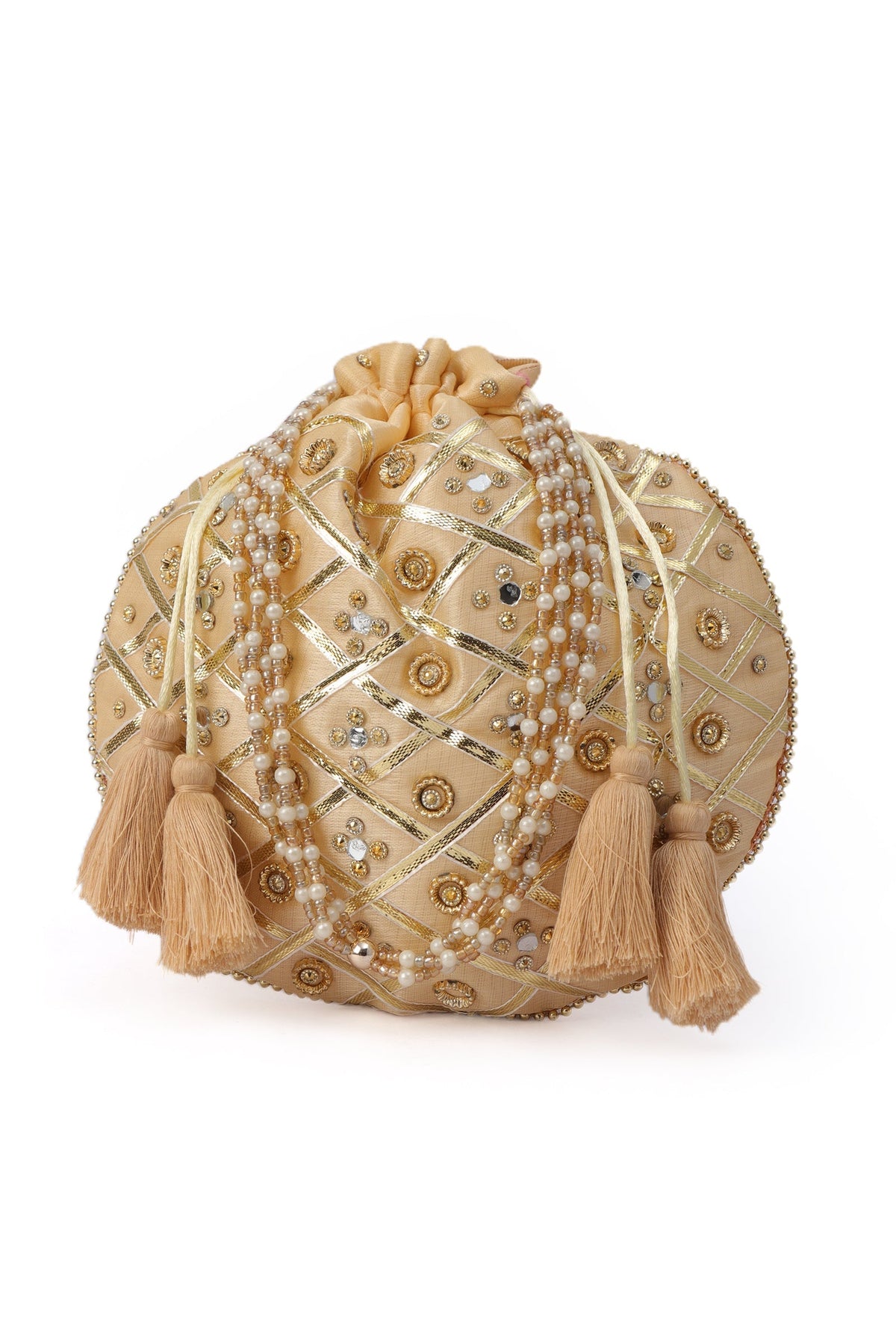 Glimmering Golden Potli with Glass Mirror Work