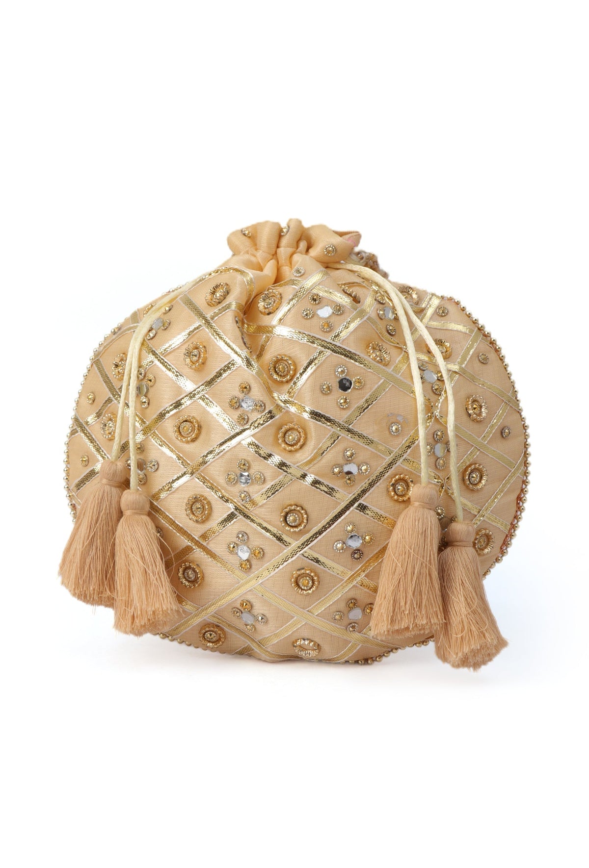Glimmering Golden Potli with Glass Mirror Work