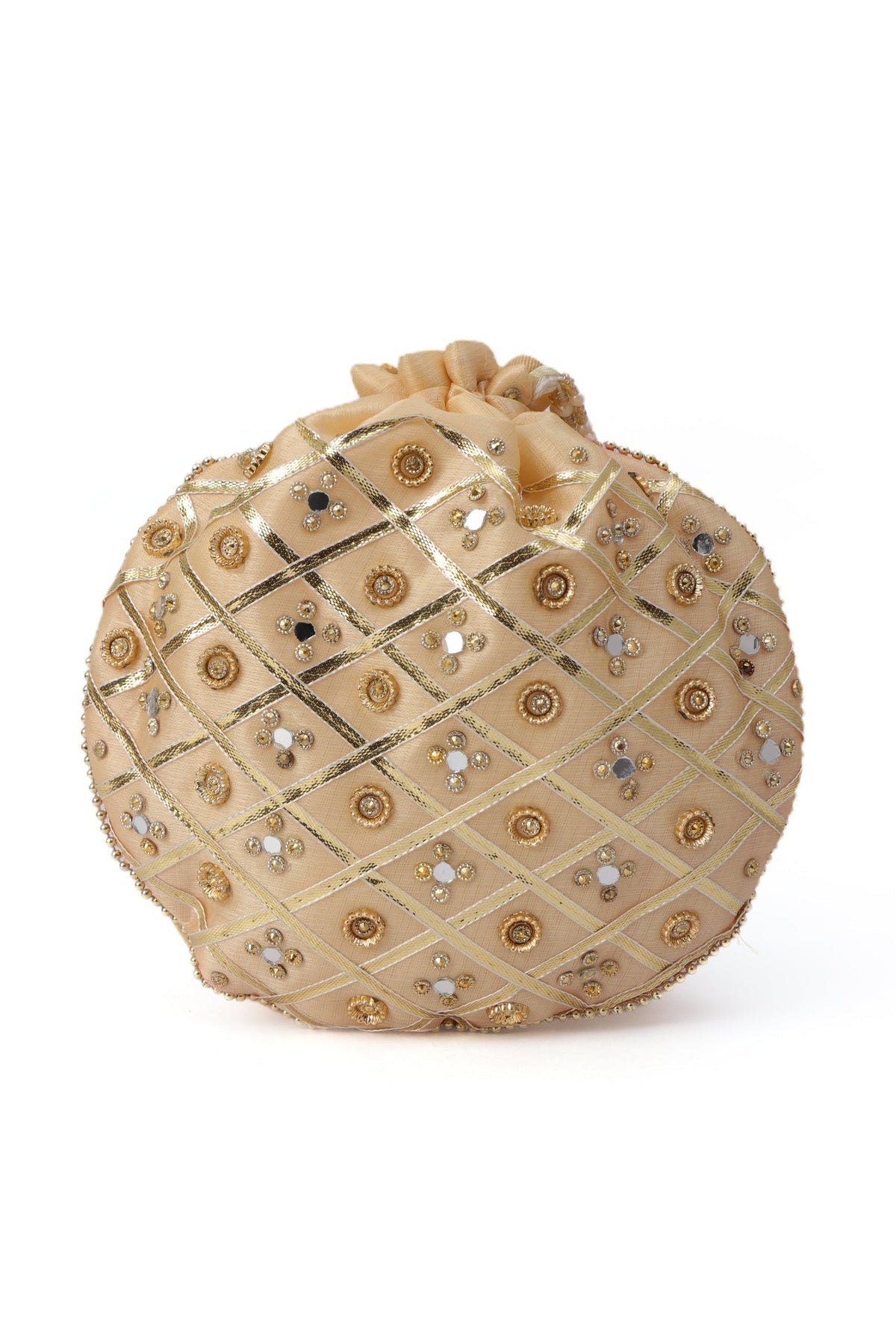 Glimmering Golden Potli with Glass Mirror Work