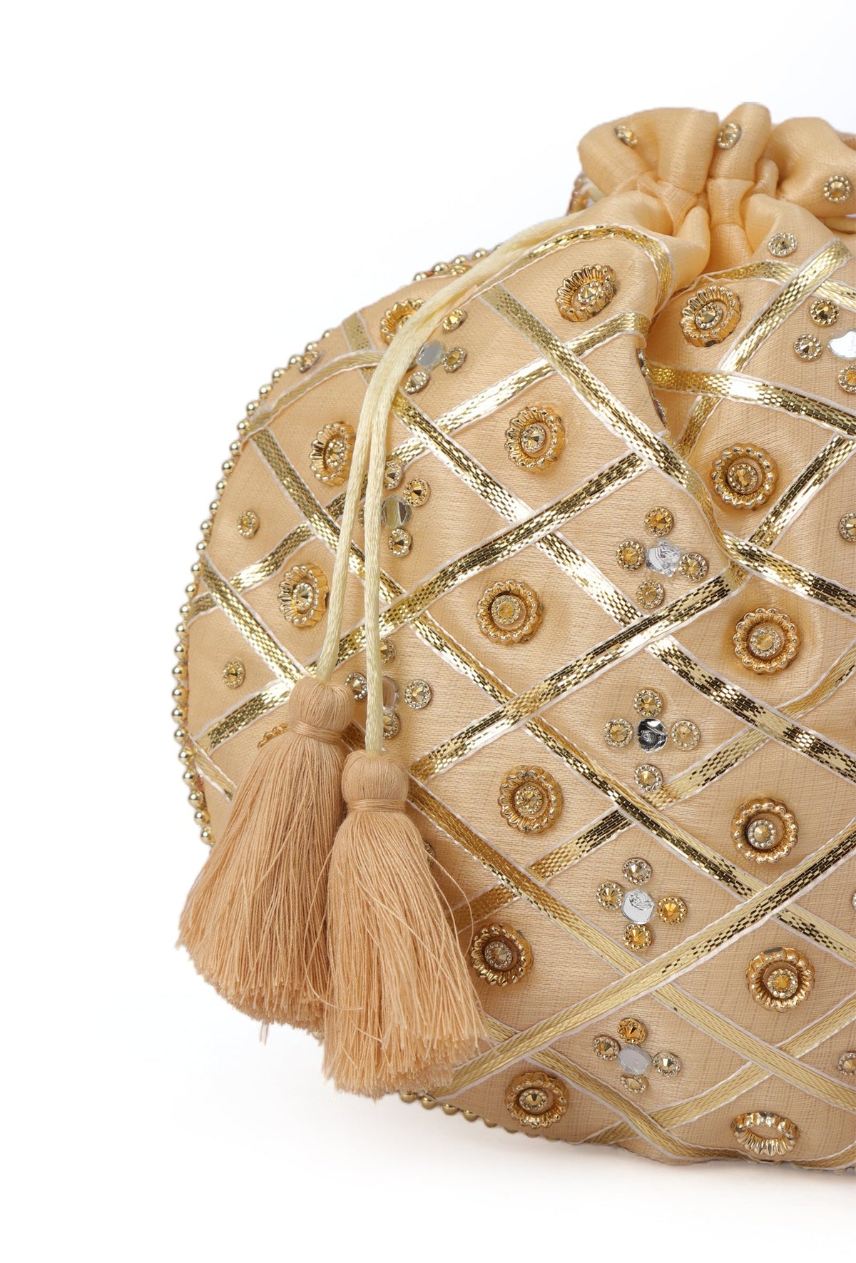 Glimmering Golden Potli with Glass Mirror Work