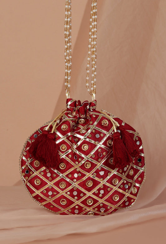 Opulent Maroon Gota and Glass Work Potli Bag