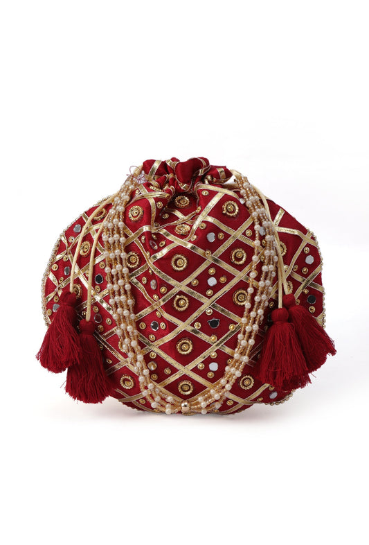 Opulent Maroon Gota and Glass Work Potli Bag