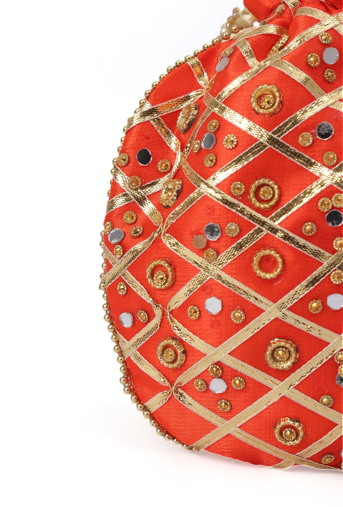 Glimmering Orange Potli with Gota and Glass Stone Work