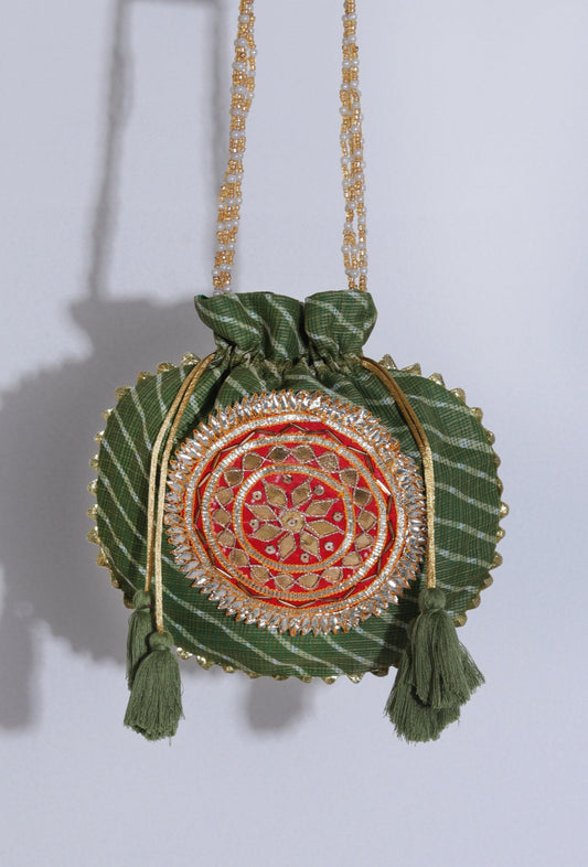 Imperial Mehndi Green Gota Patti Potli Bag