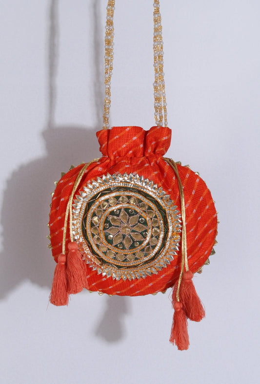 Festive Orange Rangoli Patchwork Potli
