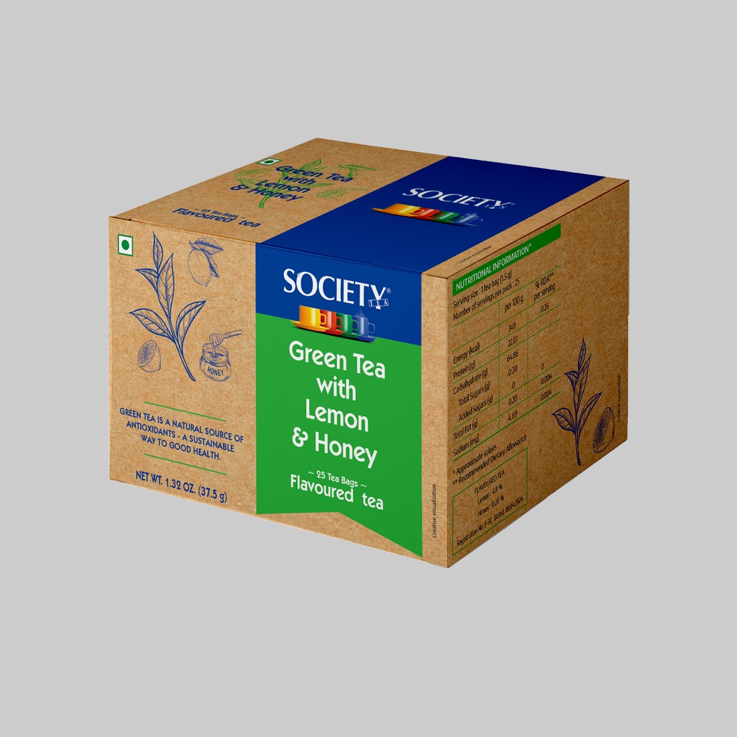 Society Green Tea with Lemon and Honey Flavoured Tea - ( 37.5g) Pack of 2