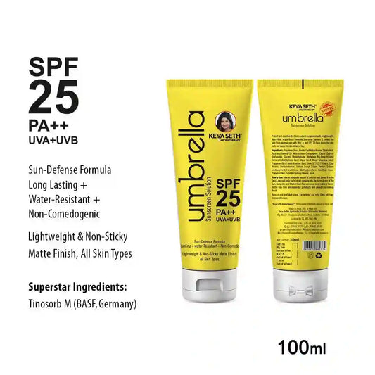Umbrella Sunscreen Solution SPF 25 with PA+++ UV Protection, Sweat Resistant Formula Oil Control Enriched with Pure Essential Oil wheatgerm & Almond 100ml