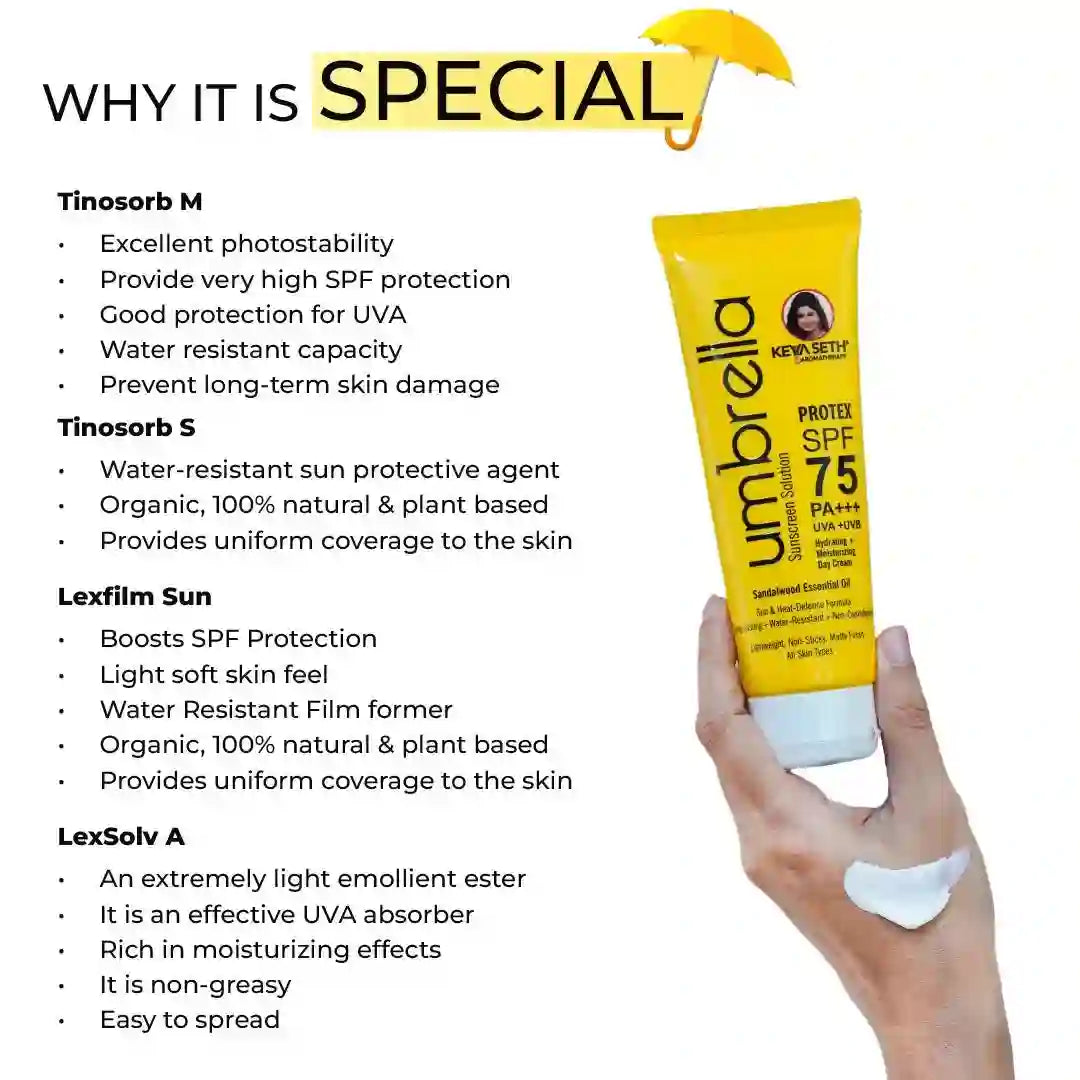 Umbrella Sunscreen Solution Protex SPF 75 Broad Spectrum Protection, Hydrating, No White Cast, Lightweight Matte Finish with Sandalwood Oil 100ml