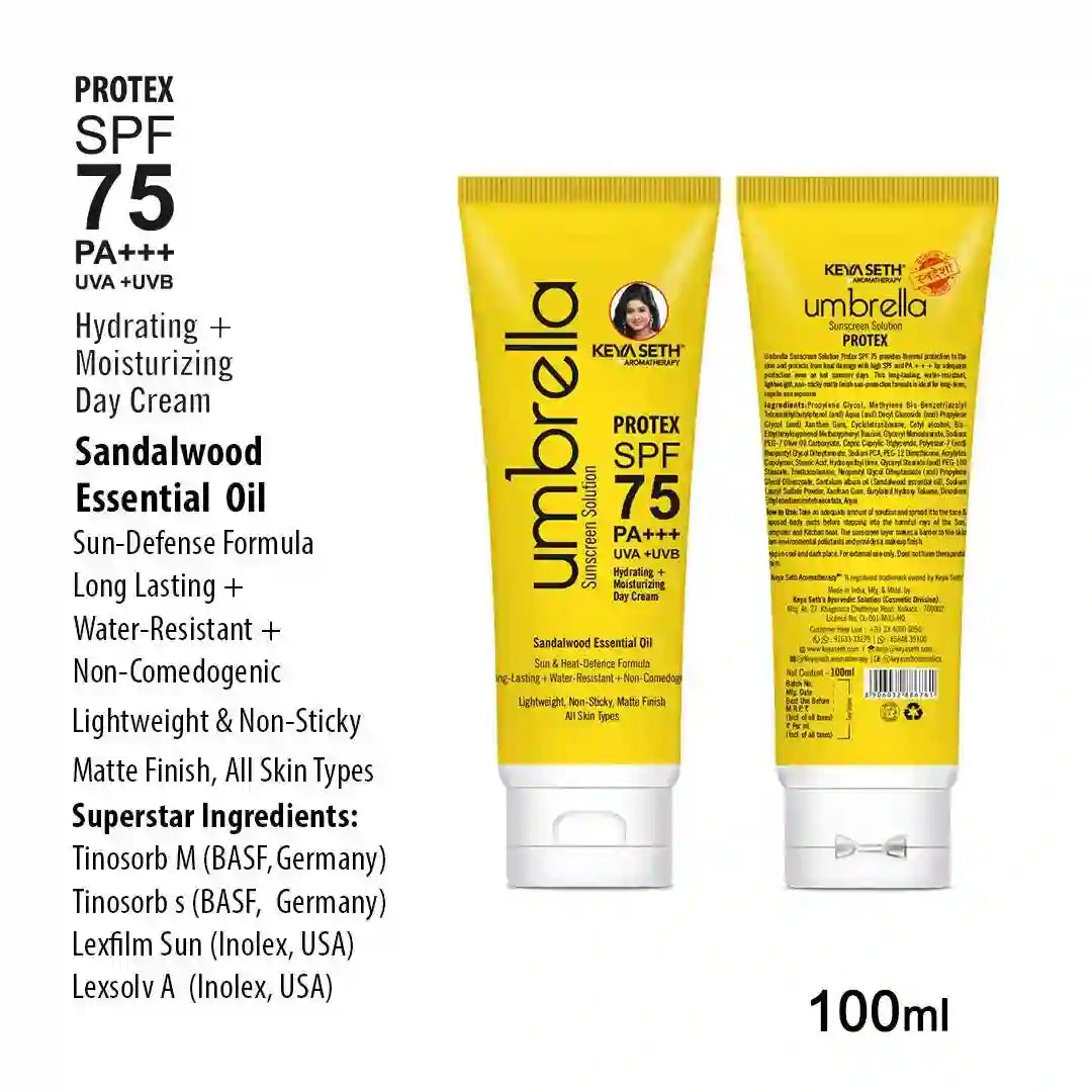 Umbrella Sunscreen Solution Protex SPF 75 Broad Spectrum Protection, Hydrating, No White Cast, Lightweight Matte Finish with Sandalwood Oil 100ml
