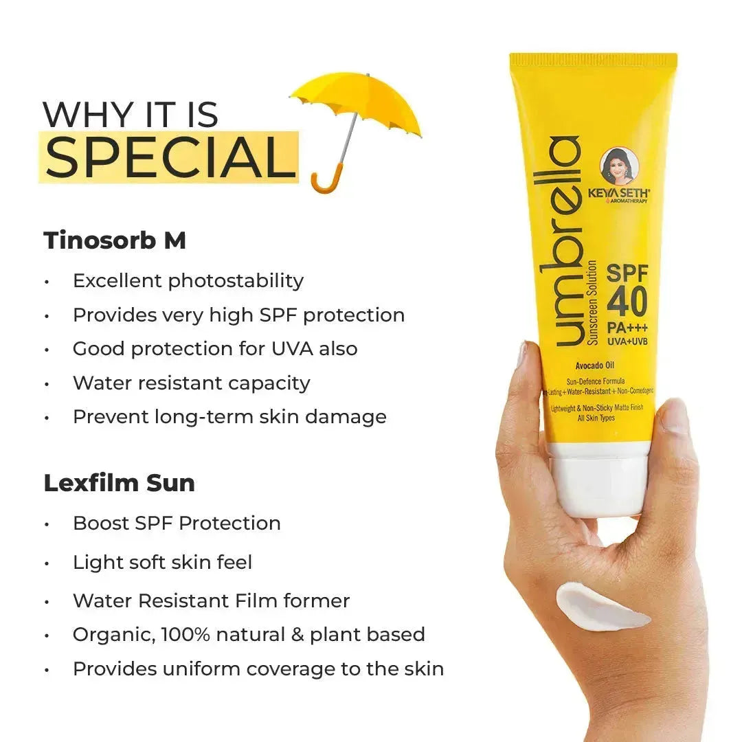 Umbrella Sunscreen Solution SPF 40, Broad Spectrum Protection, No White Cast, Lightweight Matte Finish with Avocado 100ml 100ml