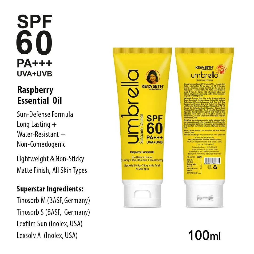 Umbrella Sunscreen Solution SPF 60, Broad Spectrum Protection, No White Cast, Lightweight Matte Finish with Raspberry Oil 18ml