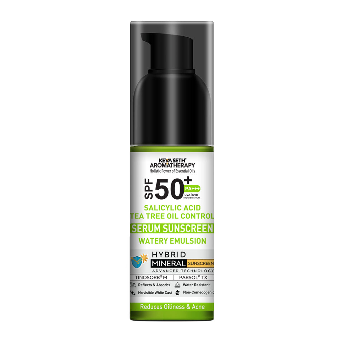 Salicylic Tea Tree Oil Control Serum Mineral Sunscreen, SPF 50 PA+++, Watery Emulsion, No White Cast, Water Resistant, Tinosorb M + Parsol TX 50ml