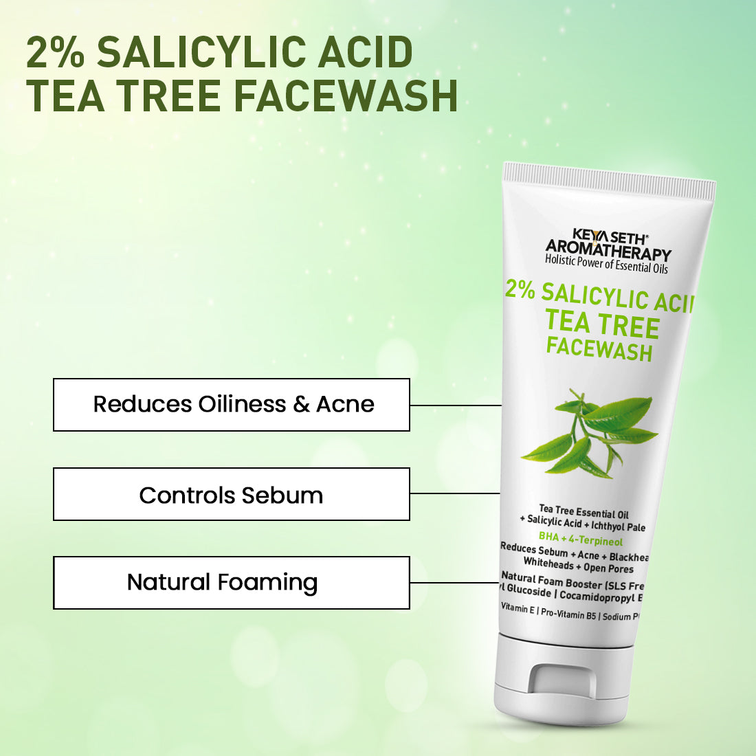 2% Salicylic Acid Tea Tree Facewash, BHA + Terpineol, Natural Glucoside Foaming, Acne, Blemishes, Blackheads, Whiteheads & Open Pores, Hyaluronic Acid 100ml