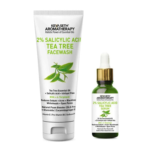 Complete Acne Solution Kit: 2% Salicylic Acid Tea Tree Oil Facewash & Serum with BHA, Terpineol, Ichthyol Pale, Hyaluronic Acid, and Vitamin E for Acne, Pores, and Blemish Control 130ml