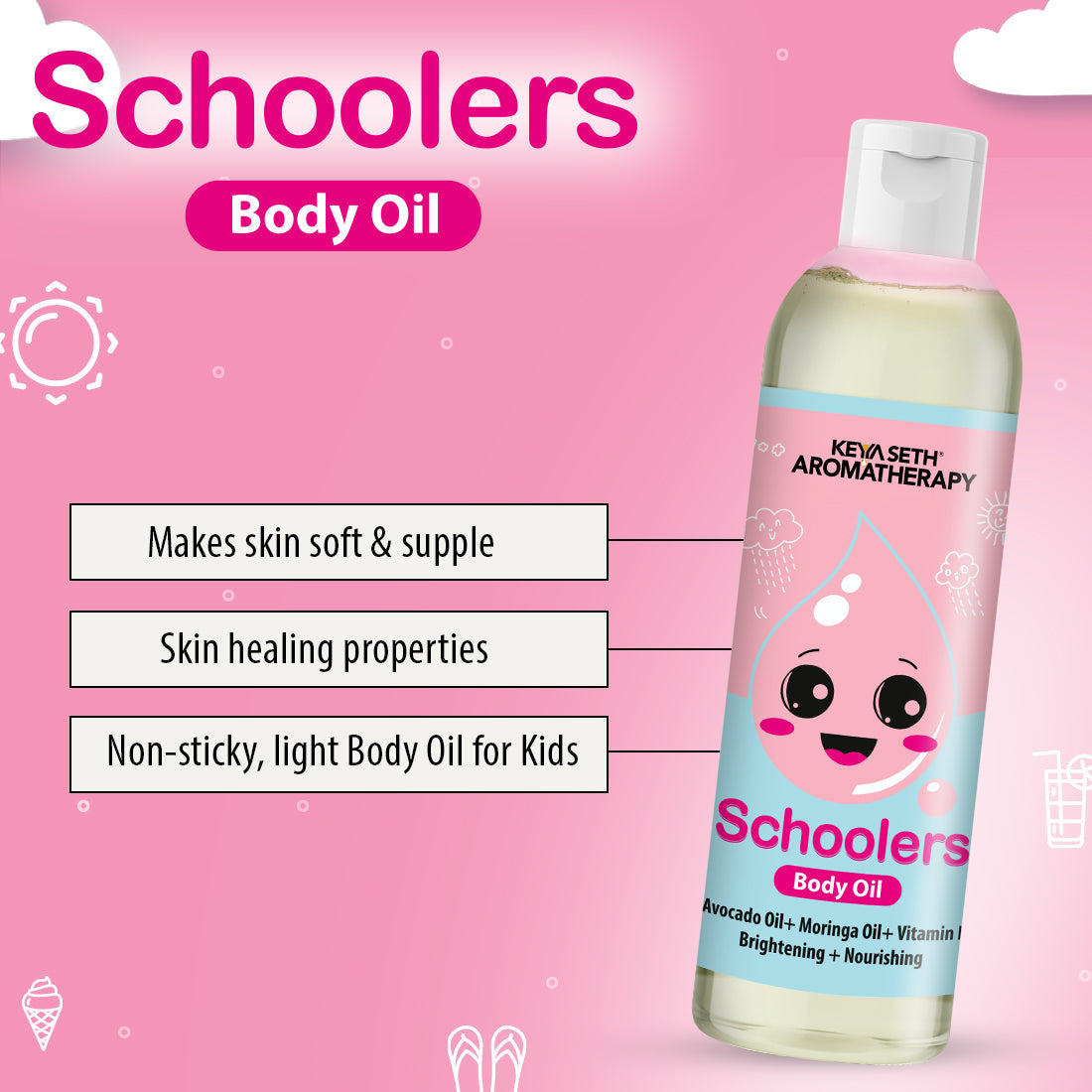 Schoolers Body Oil Ultra-Light Brightening & Nourishing Massage Oil I  Enriched with Avocado oil, Moringa Oil & Vitamin E 200ml
