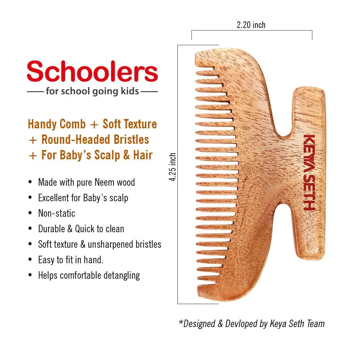 Schoolers Neem Wood Comb for Babies & Kids: Organic, Soft Toothed, Natural Grooming for Hair Growth, Scalp-friendly, Anti-Static, Handmade for Gentle Care of Delicate Scalp 100g