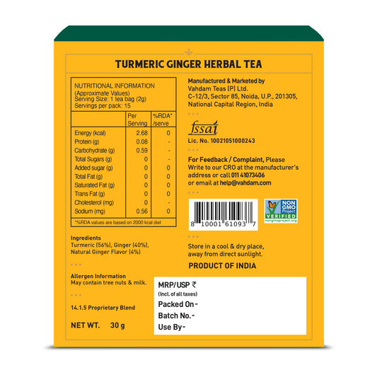 【VAHDAM】 Turmeric Ginger Herbal Infusion, 15 Count｜ターメリック ジンジャー ハーバルインフュージョン｜15 Count